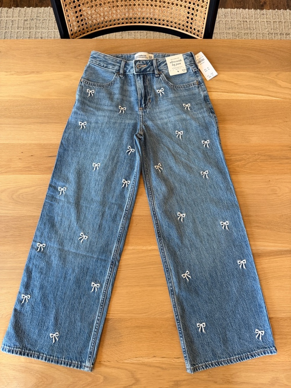 abercrombie kids Blue Wide-Leg Jeans with White Embroidered Bows